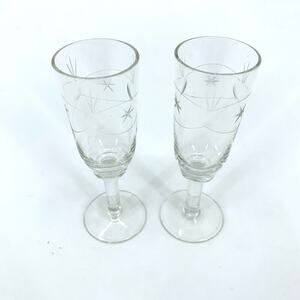 VTG MCM Set of 2 Apertif/Sherry/Port/Shot Glasses Starburst Etched Glass Retro